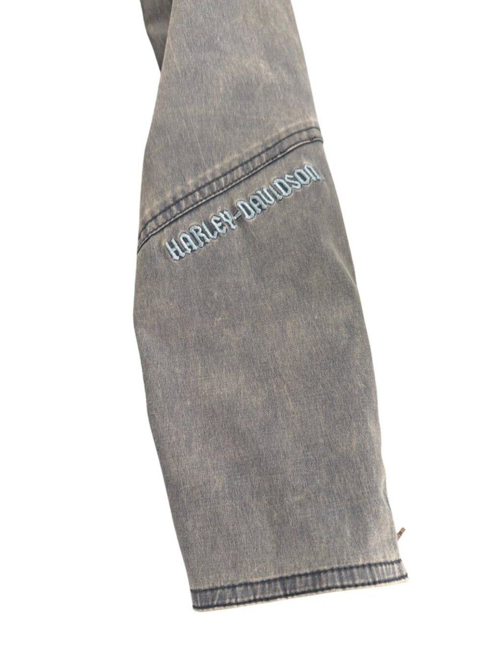 Harley Davidson Embroidered Gray Blue Denim Jacket Riding Tie Up Zippers XS NWOT - Picture 5 of 8